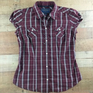American Eagle AEO Plaid Top Red Cap Sleeves